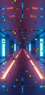 Vibrant futuristic tunnel with colorful confetti and dynamic lighting effects.