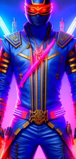 Futuristic warrior in blue armor with neon glow and energy swords.