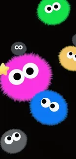 Colorful fuzzy creatures wallpaper with a dark background.