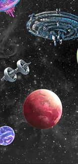 Colorful space wallpaper with planets and spacecraft.