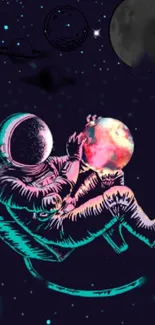 Astronaut holding a colorful planet in space art wallpaper.