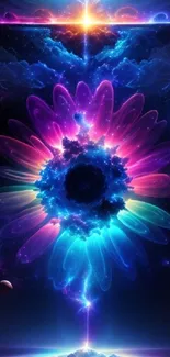 Vibrant cosmic flower digital art with blue and purple hues on a mobile wallpaper.