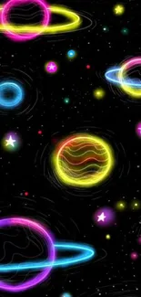 Colorful neon planets and stars wallpaper.