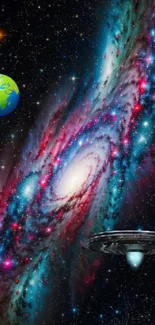 Vibrant galaxy with Earth and UFO in space scene.