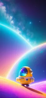 Colorful space scene with an astronaut on a vibrant planet surface.