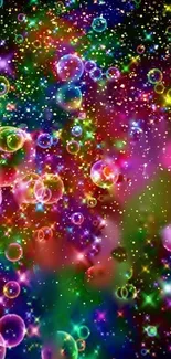 Colorful galaxy-themed wallpaper with bubbles and stars for mobile.