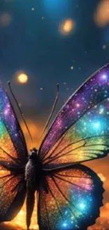 Vibrant galaxy-themed butterfly with colorful wings against a dark backdrop.