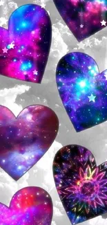 Colorful galaxy hearts background with starry details.