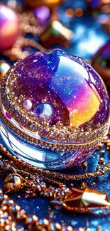 Colorful orb with galaxy effect and jewels on blue background.