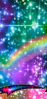 Colorful galaxy wallpaper with stars and rainbow sparkle.