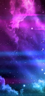 Vibrant galaxy wallpaper with purple and blue nebula for mobile screens.