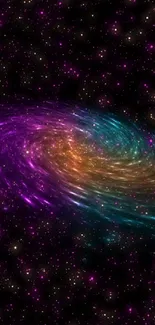 Colorful galaxy swirl wallpaper with purple, blue, and orange hues.