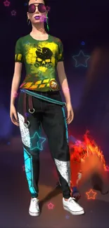 Colorful gamer character with purple and teal accents on a dynamic background.