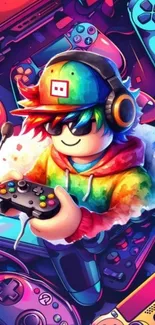 Colorful gamer character with headphones and controllers in digital art.