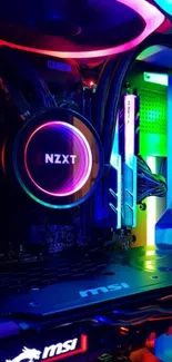 A vibrant gaming PC setup with RGB lighting and advanced hardware.