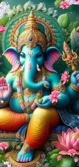 Colorful artistic wallpaper of Lord Ganesh with lotus flowers.