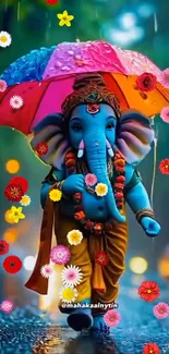 Lord Ganesh with umbrella and flowers on phone wallpaper.