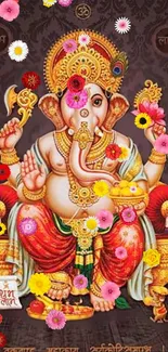 Vibrant depiction of Lord Ganesha with colorful floral accents in a regal pose.