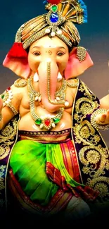 Vibrant Ganesha deity in traditional attire with intricate ornaments.