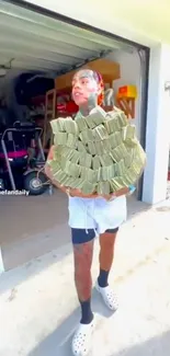 Person in a vibrant garage holding stacks of money, with bright and colorful surroundings.