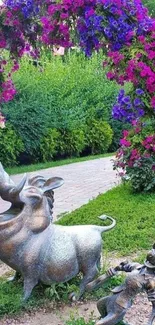 Garden arch with statues and vibrant purple flowers.