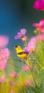 Vibrant wallpaper with a yellow bird among pink flowers.