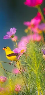 Yellow bird among pink wildflowers with a soft green background.