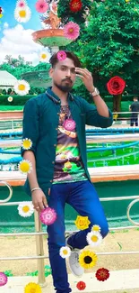 Stylish man in vibrant garden setting with lush greenery.