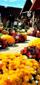 Colorful garden pathway with yellow flowers and rustic cottages.