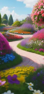 Vibrant garden pathway with blooming flowers and greenery.