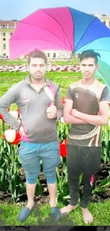 Two men pose with a colorful umbrella in a garden of tulips.