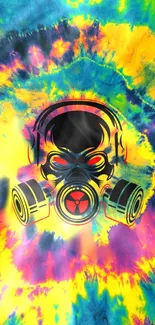 Bright tie-dye background with gas mask design.