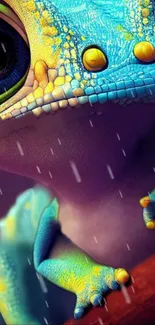 Vibrant blue and yellow gecko under rain on a mobile wallpaper.