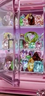 A glass case showcasing colorful gems and jewels.