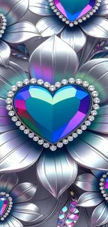 Colorful gemstone heart on metallic flowers background.