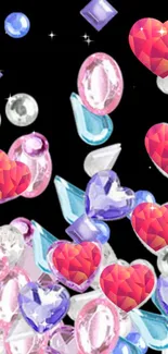 Colorful gem hearts on black mobile wallpaper.