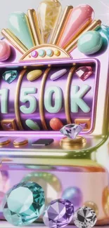 Colorful slot machine with gems and 150K display.