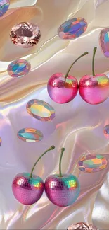 Shimmering cherries with colorful gems on a pearly background.