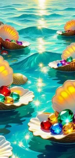 Colorful gems in ocean shells reflecting sunlight.