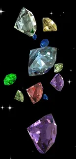 Mobile wallpaper with colorful gems on a black background.