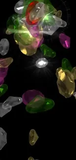 Colorful digital art with floating gemstones on black background.