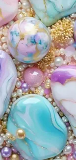 A vibrant wallpaper with colorful gemstones and pearls artfully arranged.