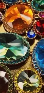 Colorful arrangement of various gemstones in vivid patterns.