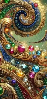 Vibrant gemstone art with colorful swirls and jewels.
