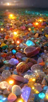 Colorful gemstones on a moonlit beach, glowing softly at night.