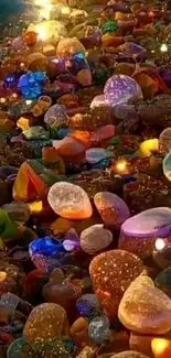 Colorful gemstone-strewn path with glowing reflections.