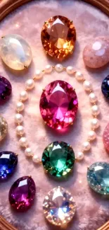 Colorful gemstone collection arranged in a decorative oval frame.