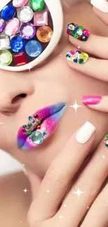 Colorful gemstone fashion wallpaper featuring creative makeup and nail art.