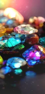 Dazzling colorful gemstones glowing in radiant hues on dark background.