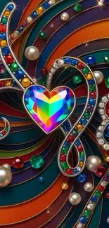 Vibrant heart design with gems and pearls on colorful swirled background.